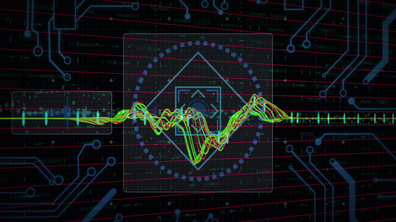 Animation of multicolored graphs with circuit board pattern, changing numbers over black background