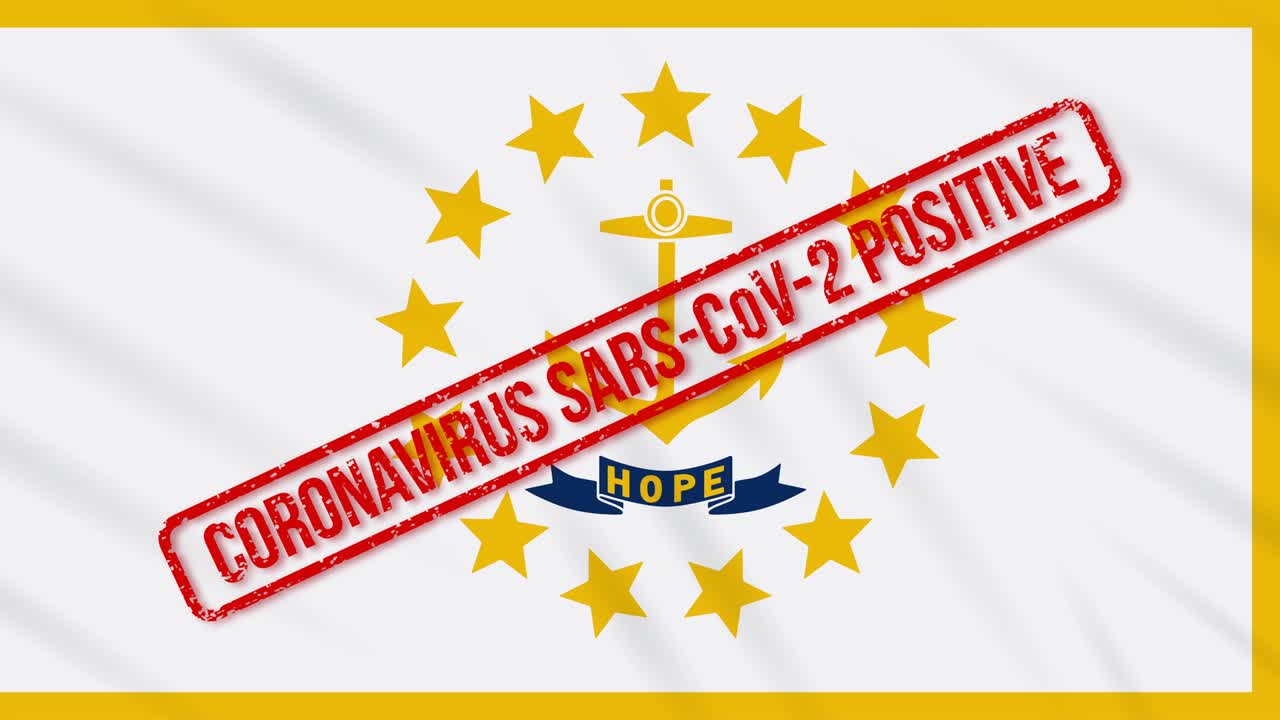 Rhode Island US state swaying flag stamped with positive response COVID-19, loop