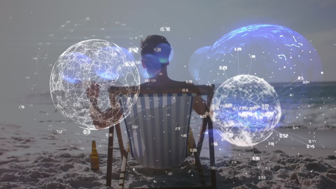 Animation of network of connections and globe over men sitting on the beach