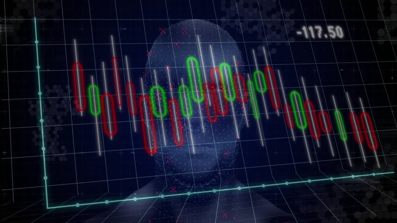 Translucent dotted head silhouette featuring dark tech theme, showing candlestick chart