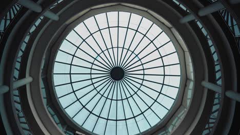 beautiful round glass roof in the lobby of the building. shooting from below on a wide-angle lens with rotation