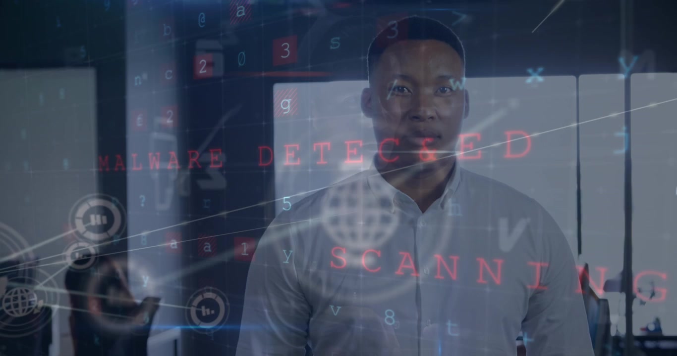 Professional Man Standing in Office with Digital Cybersecurity Overlay