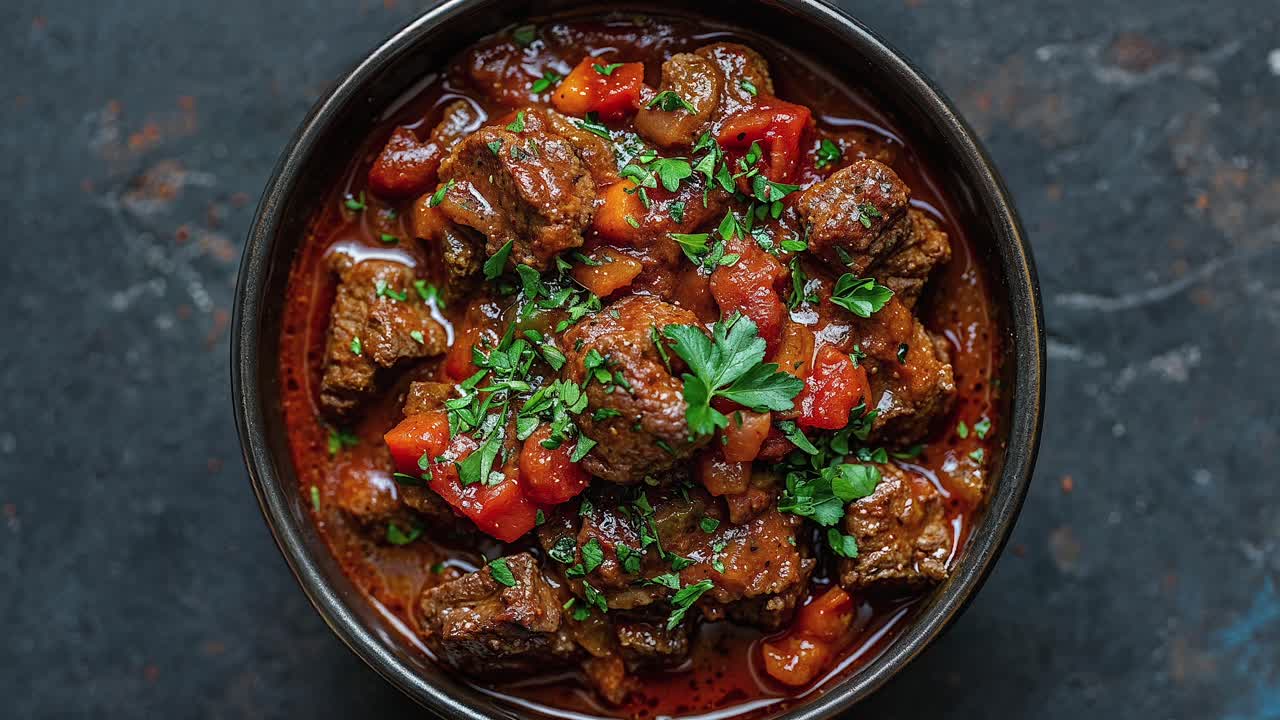 delicioso estofado de carne casera en un cuenco rústico sobre un fondo oscuro