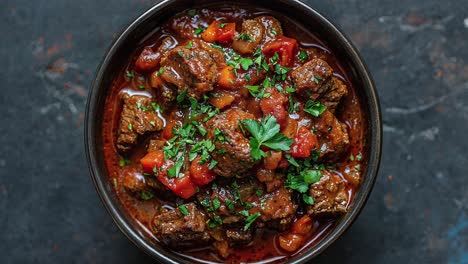 delicioso estofado de carne casera en un cuenco rústico sobre un fondo oscuro