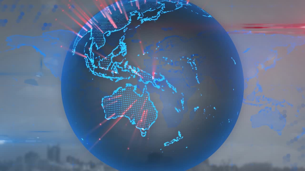 Animation d'un globe avec une carte du monde sur un paysage urbain