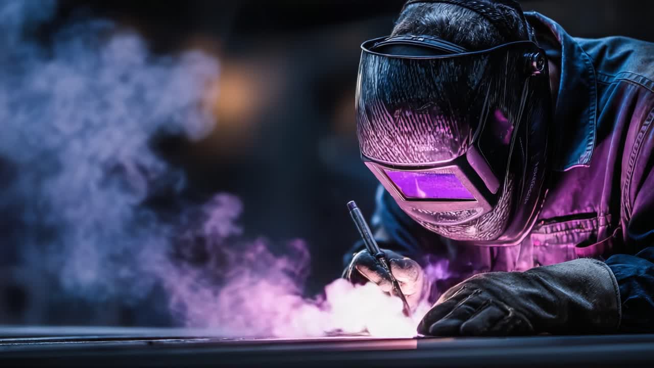 An Expert Welder Engaged in Precision Work, Creating Sparks and Fumes Amidst a Cloud of Colorful Smoke During Metal Welding Process