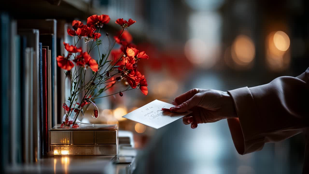 A Serene Moment Captured: Hand Delicately Places a Letter Next to a Vibrant Floral Arrangement Amidst Soft Ambient Lighting in a Library Setting