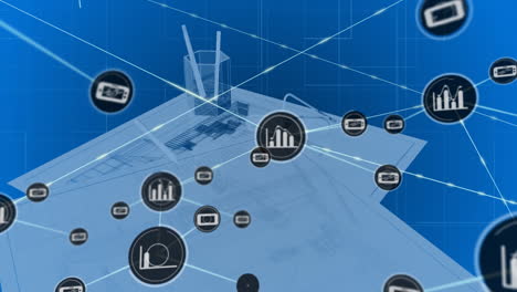 animation of network of connections with icons over architect's drawings