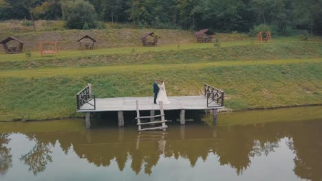 groom with bride near lake in the park. wedding couple. aerial shot