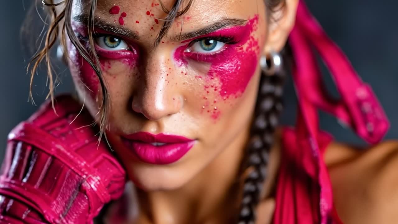 A woman with red paint on her face and pink gloves