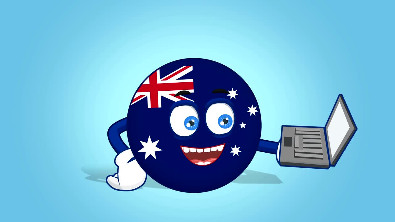 icono de dibujos animados bandera de australia trabajo en portátil con animación facial con alfa mate