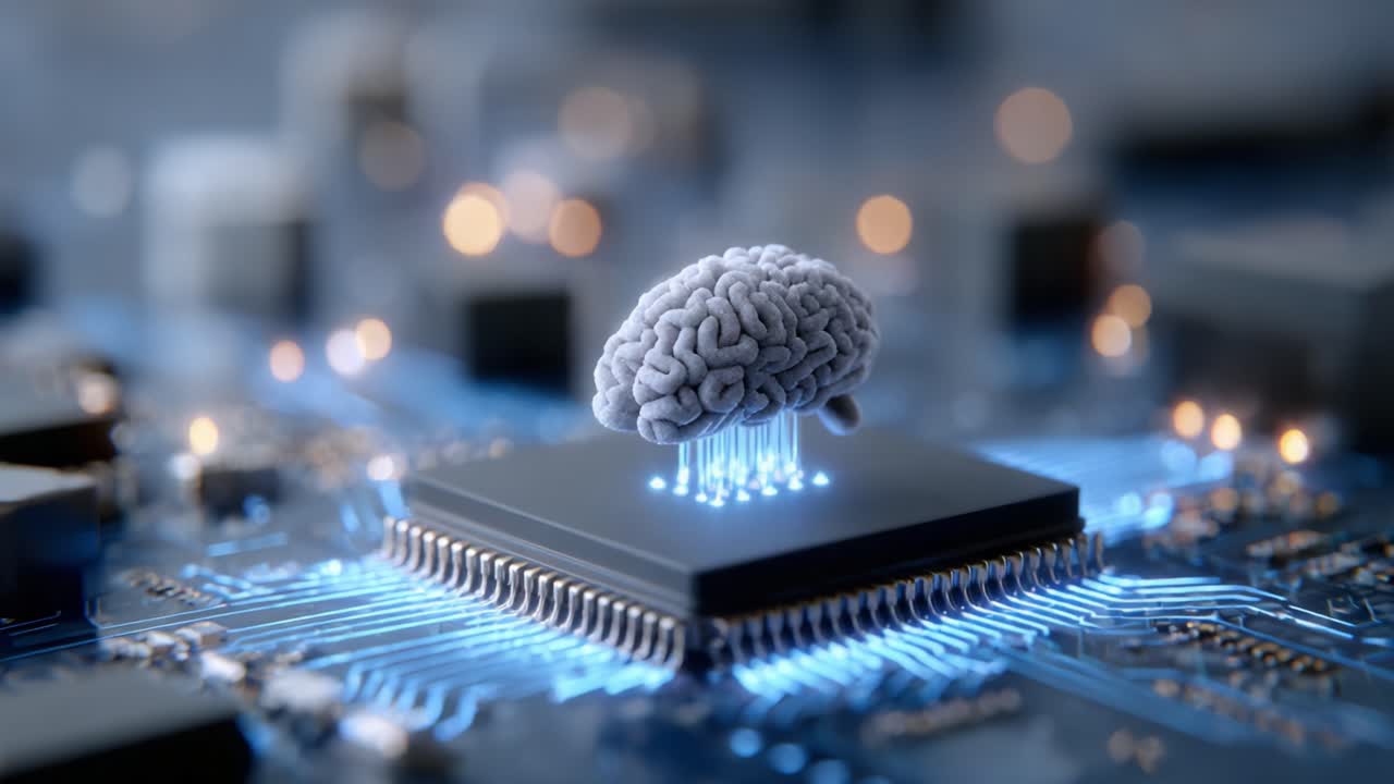 A Stunning Visualization of Artificial Intelligence: A Brain Form Floating Above a Microchip, Representing the Fusion of Human Cognition and Technological Advancements in Computing