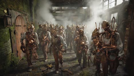 march of steampunk automatons in a smoky industrial dystopia