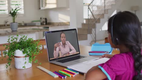 Niña-Afroamericana-Levantando-La-Mano-Mientras-Realiza-Una-Videollamada-Con-Una-Profesora-En-Una-Computadora-Portátil-En-Casa