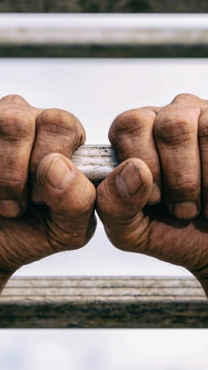 Vertical video: Gripping callused hands adjusting hold on metal rung at ladder, preparing climb