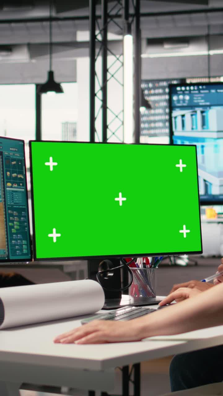 Vertical Video Diverse developers plan architectural structures with isolated screen