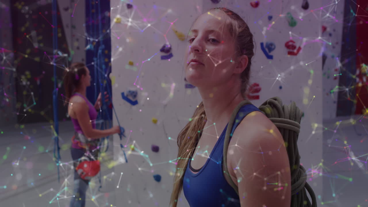 animación de procesamiento de datos sobre mujeres caucásicas escalando la pared