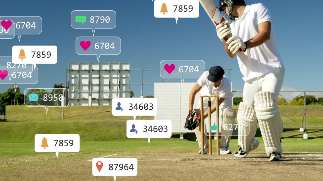 Playing cricket on field, players with animation of social media notifications