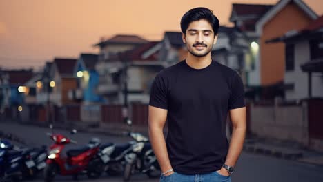 confident young man wearing a black t shirt stands in a residential street at sunset, surrounded by parked scooters and looking directly at the camera with a relaxed smile
