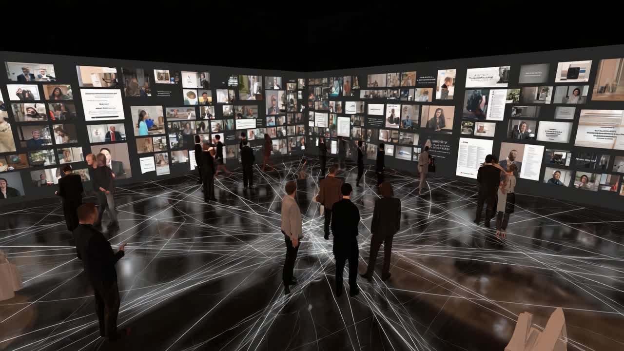 Dynamic Interaction in a Digital Gallery Featuring Multiscreen Installations and Visual Connections. Participants Engage and Explore as Connections Emerge through an Innovative Networking Experience