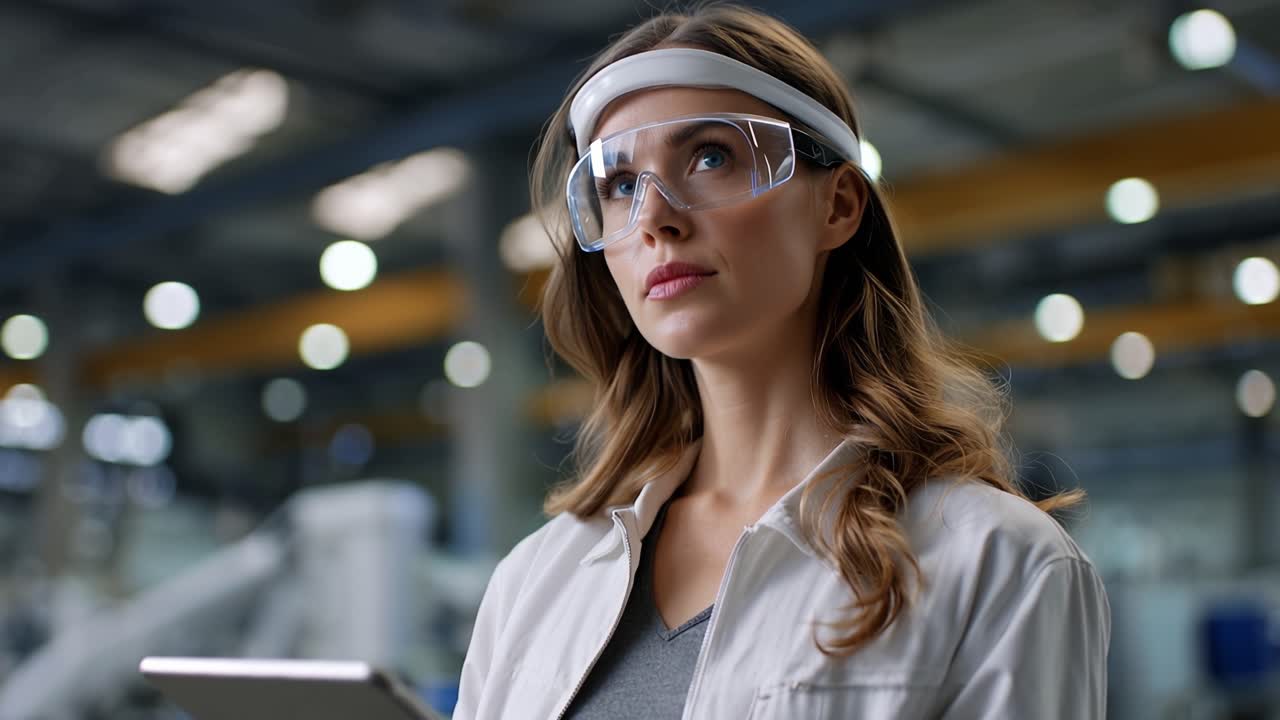 Woman in lab coat, safety goggles, holds tablet. Focused gaze, professional demeanor, workplace environment. Industrial setting, blurred background, overhead lighting. Ideal for manufacturing