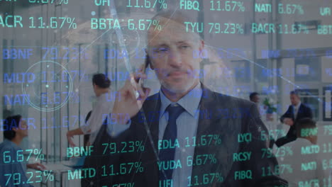 animation of caucasian businessman talking on smartphone over data processing and stock market