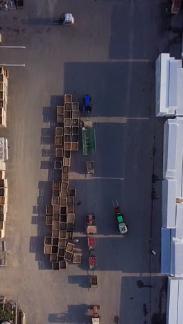 two loaders are transporting pallets with apples in the warehouse for the subsequent transportation of apples to the factory. Aerial view Vertical video