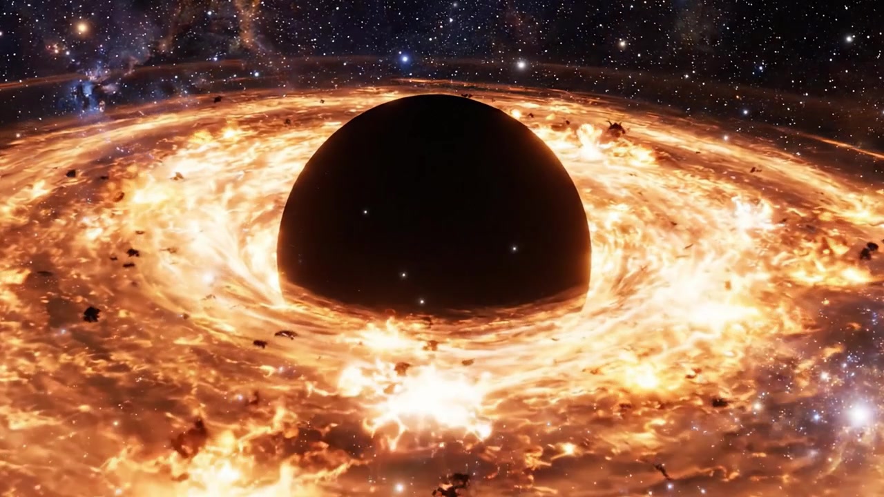 A Mesmerizing Cosmic Phenomenon: The Formation of a Black Hole Surrounded by a Fiery Accretion Disk in the Depths of Space, Captivating the Viewers with Its Mysterious Aura