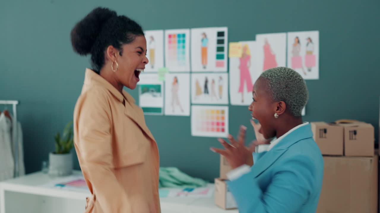Business women, high five and tablet with fashion
