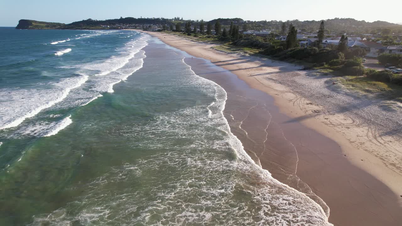 Seven Mile Beach On A Sunny Morning - Lennox Head Seaside Village In Northern Rivers, New South Wales, Australia. - aerial shot