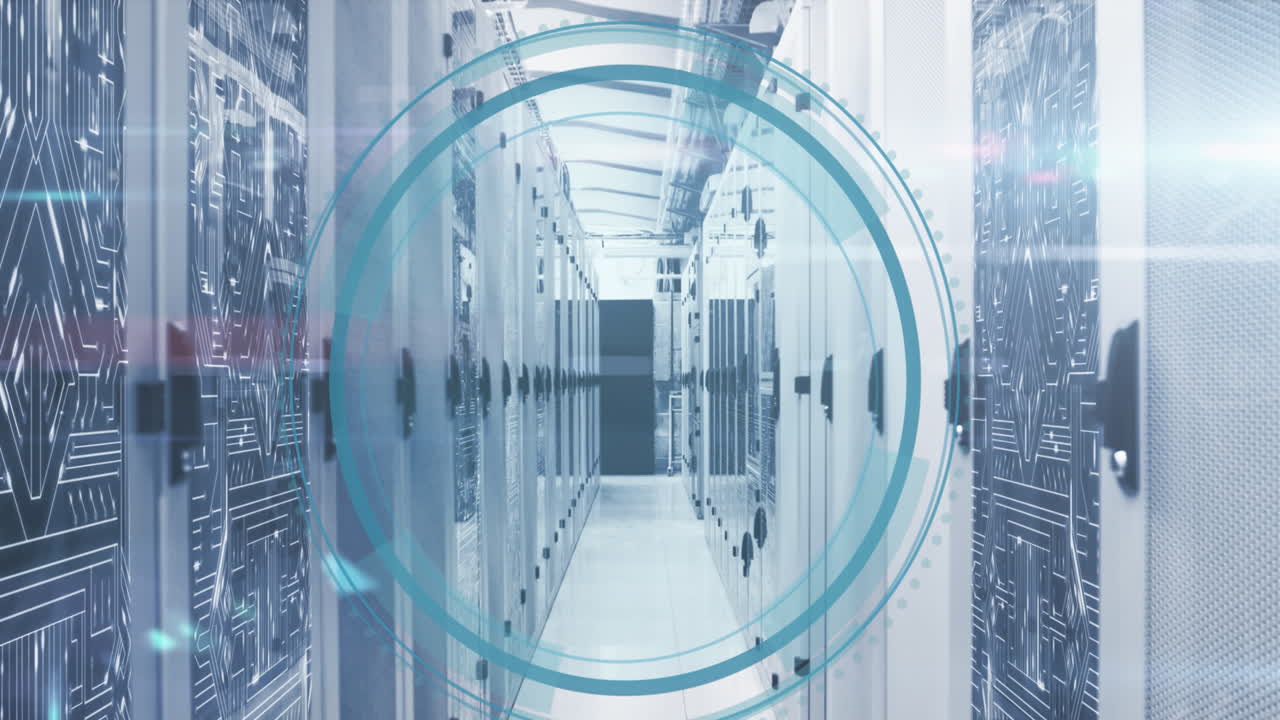 Animation of round scanner with copy space and microprocessor connections against server room