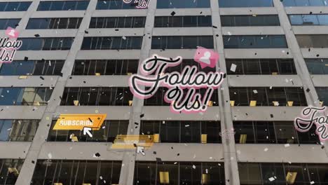 animation of confetti and social media texts over building