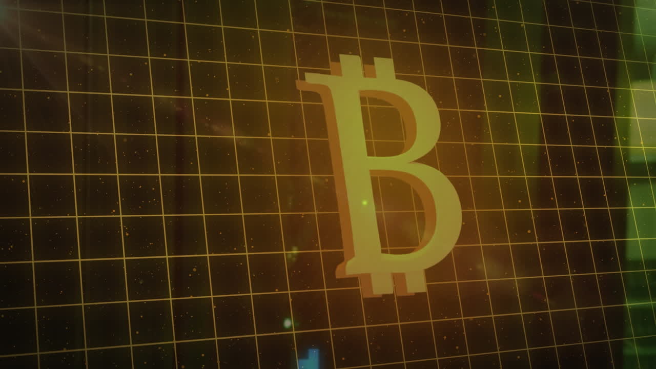 animación del símbolo de bitcoin, codificación binaria y procesamiento de datos