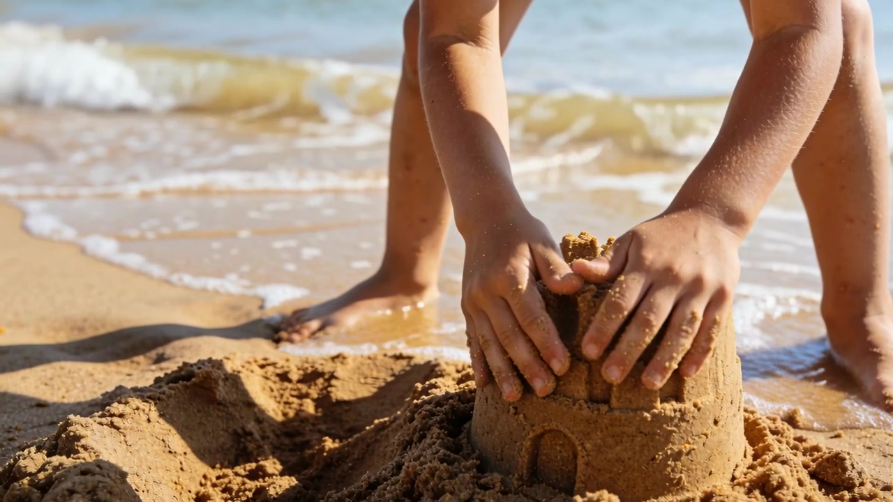 Ett barn formar ett sandslott med vallgrav vid strandlinjen, barfota i badbyxor, och kapplöper med tidvattnet.