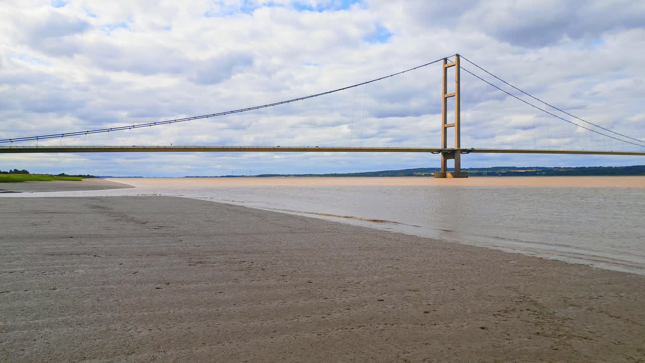 Humber Bridge seen from above: river, traffic, Lincolnshire to Humberside
