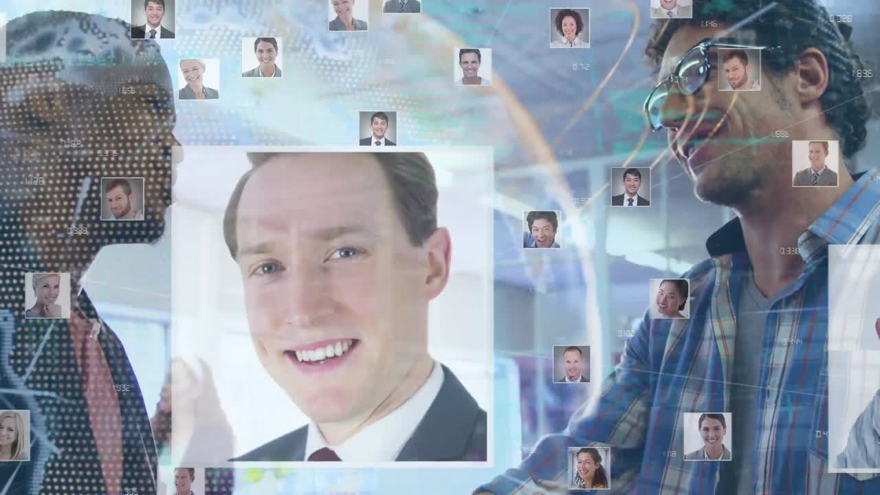Animation of globe of connections with photos over business people handshake
