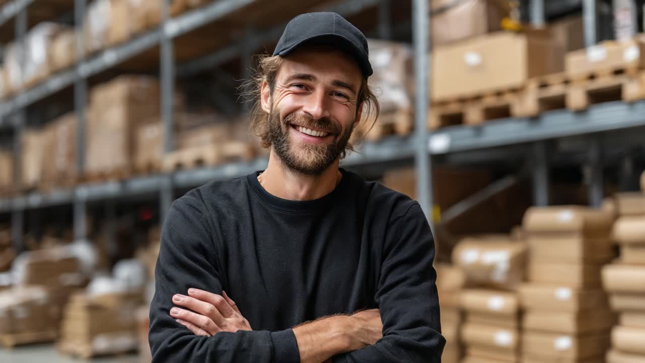 Un magazziniere sorridente in un magazzino, che trasuda sicurezza e positività tra scatole e materiale da imballaggio, perfetto per rappresentare lo spirito di team e il lavoro nella logistica