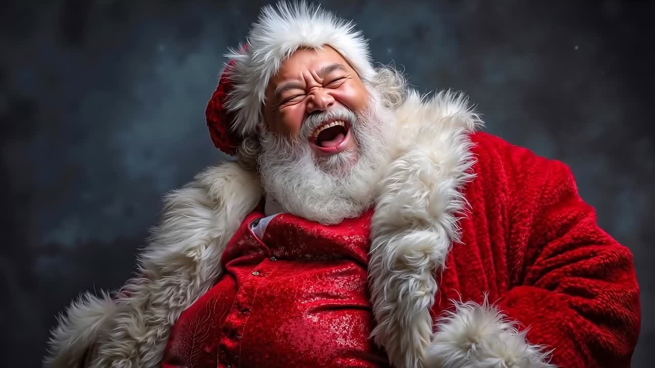 A man dressed as Santa Claus laughing with his mouth open