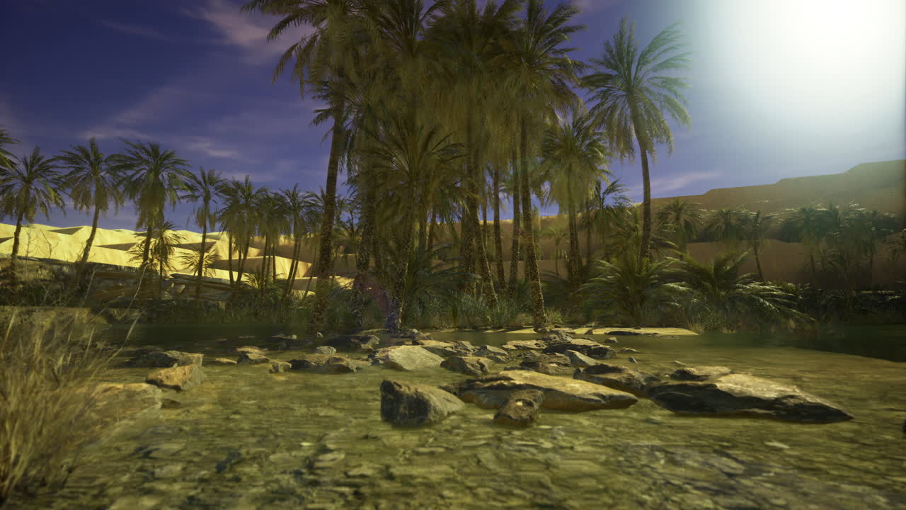 Desert oasis with palm trees and tranquil waters in a serene environment