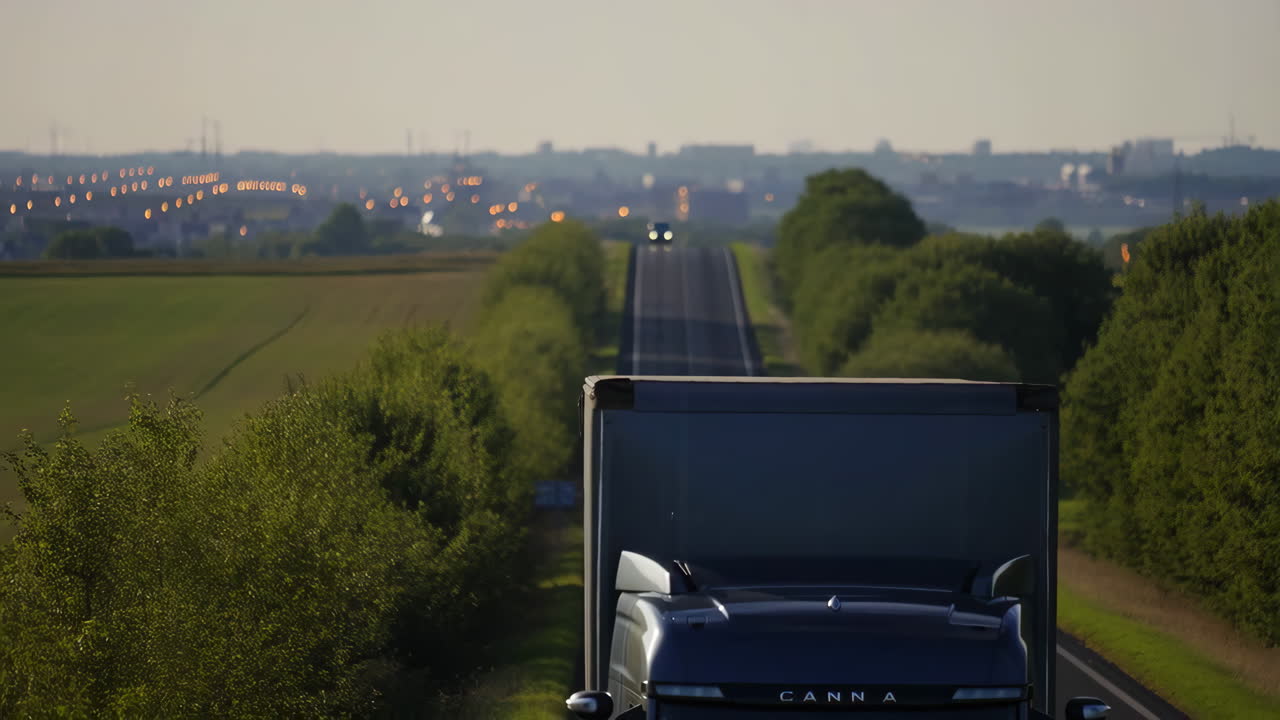 Truck on a long road towards distant city lights at dusk