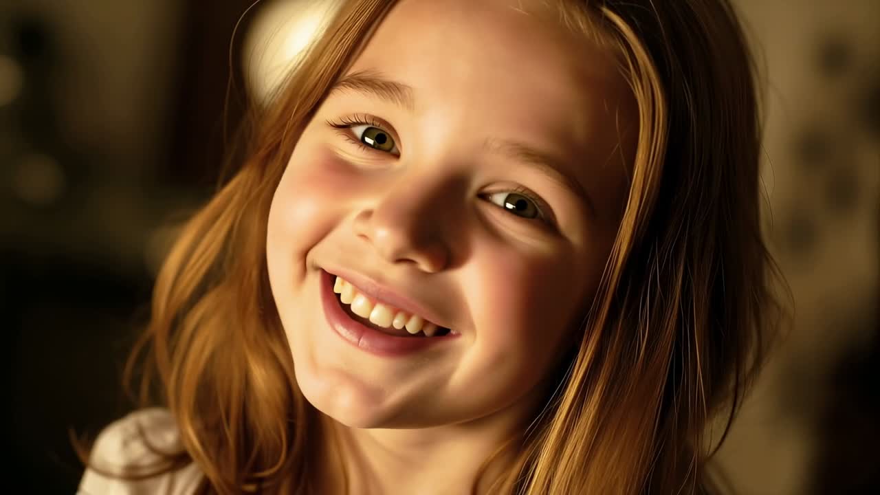 Menina sorrindo com blusa branca, reagindo a uma voz fora da tela em um ambiente aconchegante, inclinando-se em direção à câmera, bokeh.
