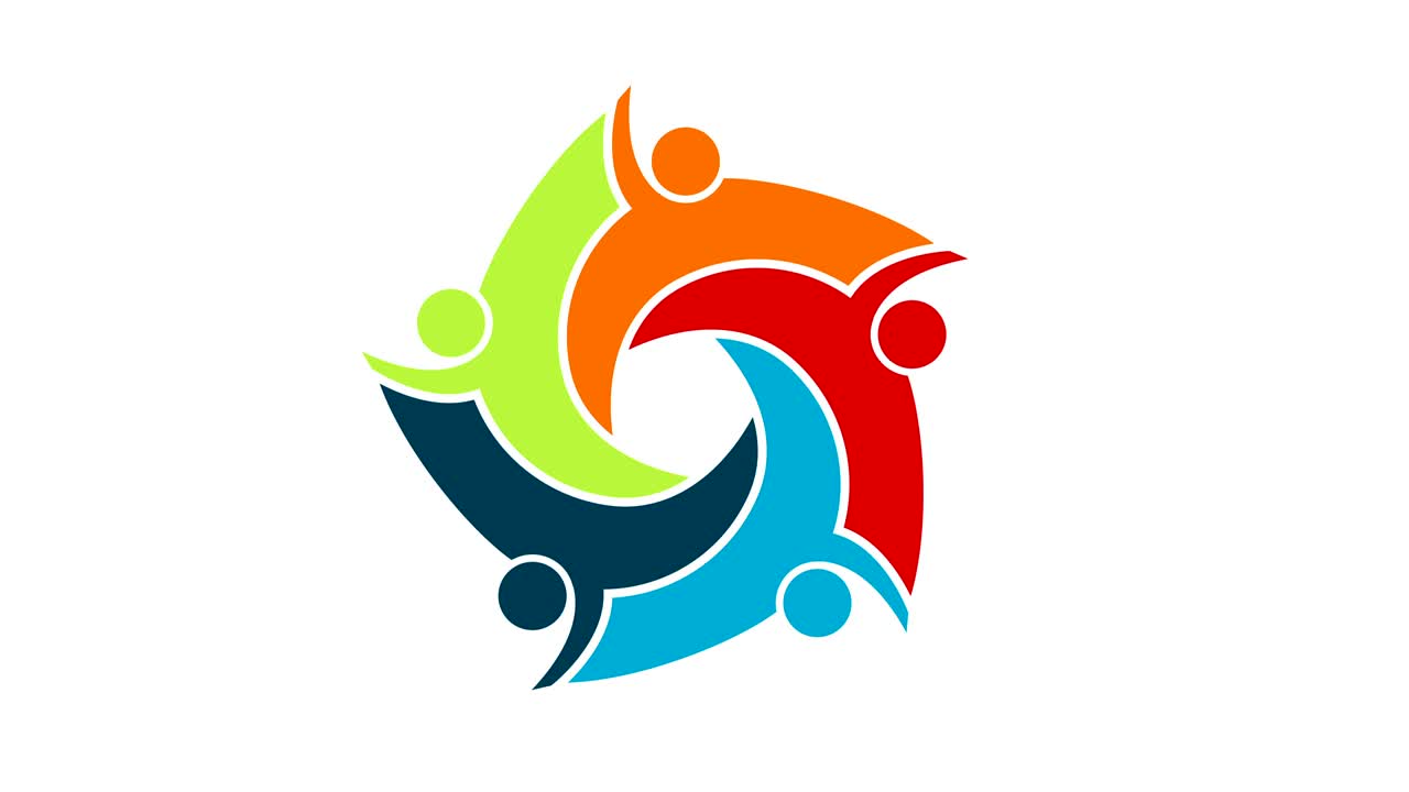 logotipo de personas. grupo símbolo de trabajo en equipo de cinco personas en un círculo.4k resolución gráfica de movimiento