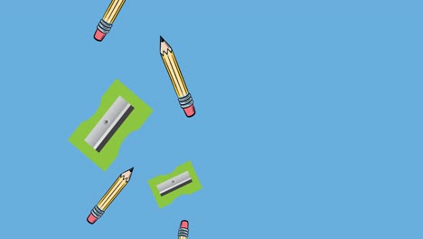 파란색 배경에 떨어지는 연필, erasers 및 연필 sharpeners의 애니메이션