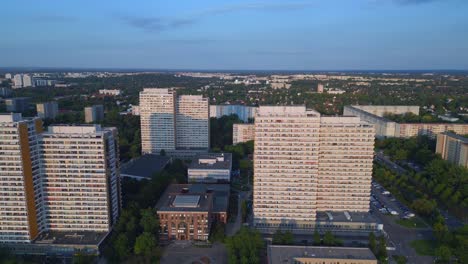 Fabulous aerial top view flight Panel system building, prefabricated housing complex, Berlin Marzahn East Germany golden hour 2023