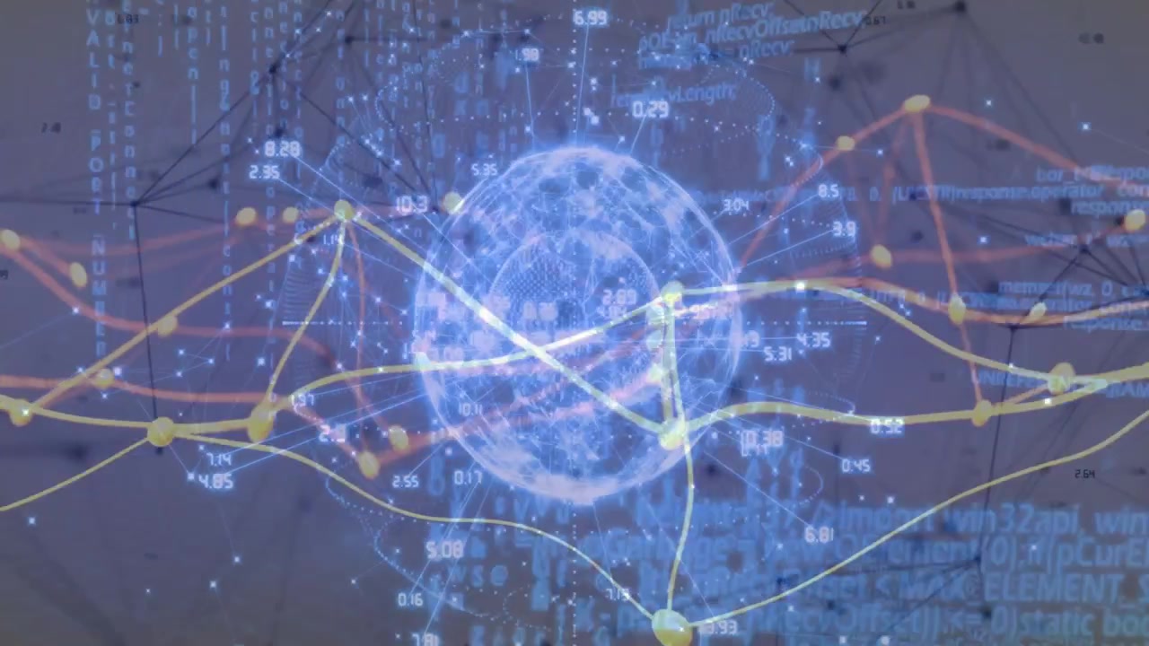 Glowing digital globe floating inside mesh network interface, streaming data along curved lines