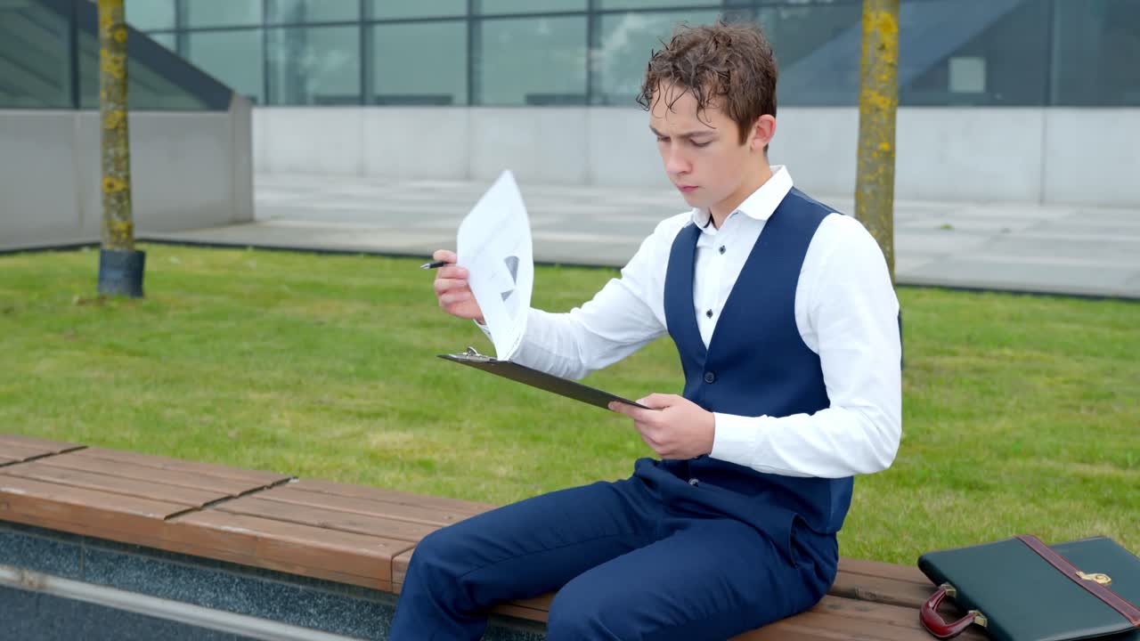 Young man in formal wear working outdoors on a bench with focus