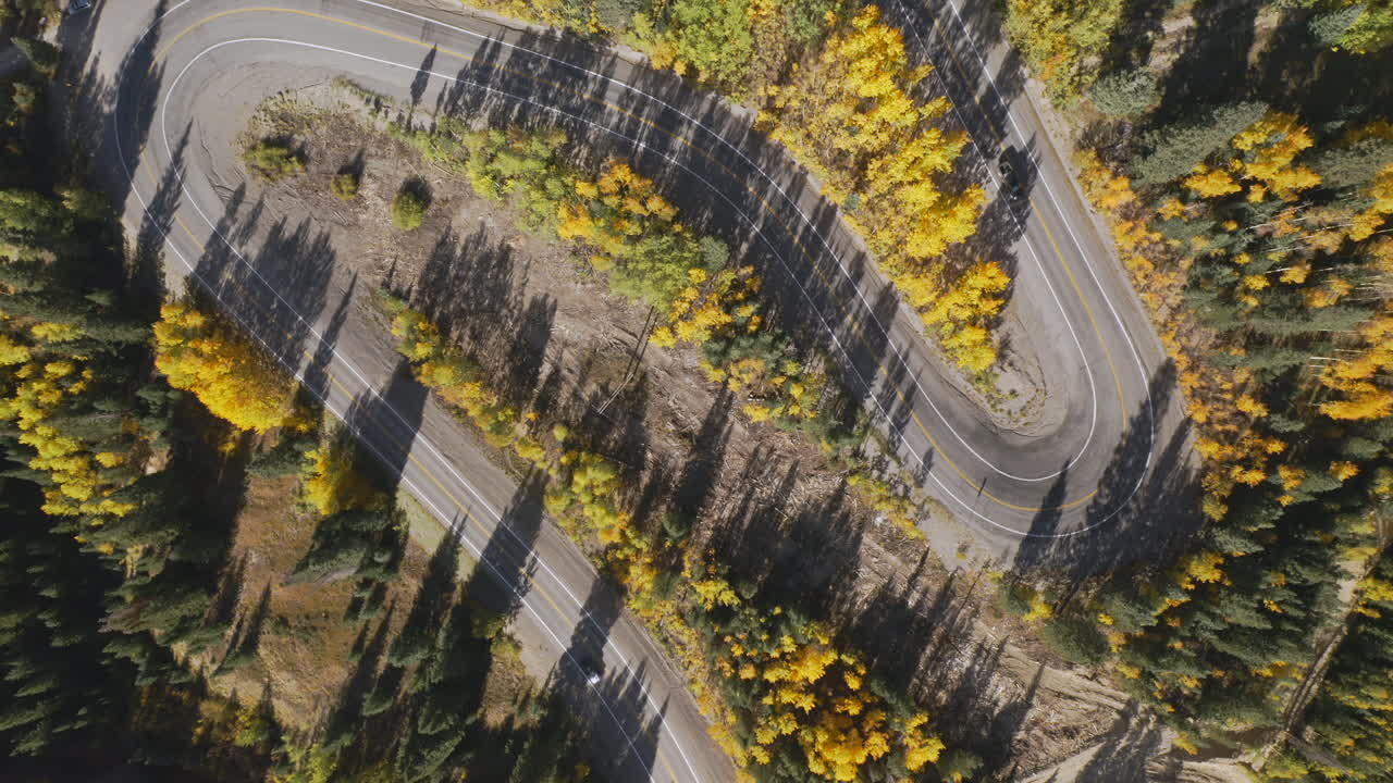 toma aérea sobre las hermosas carreteras de montaña de colorado y los álamos amarillos y naranjas brillantes durante el otoño en las montañas de san juan a lo largo del viaje por carretera de un millón de dólares