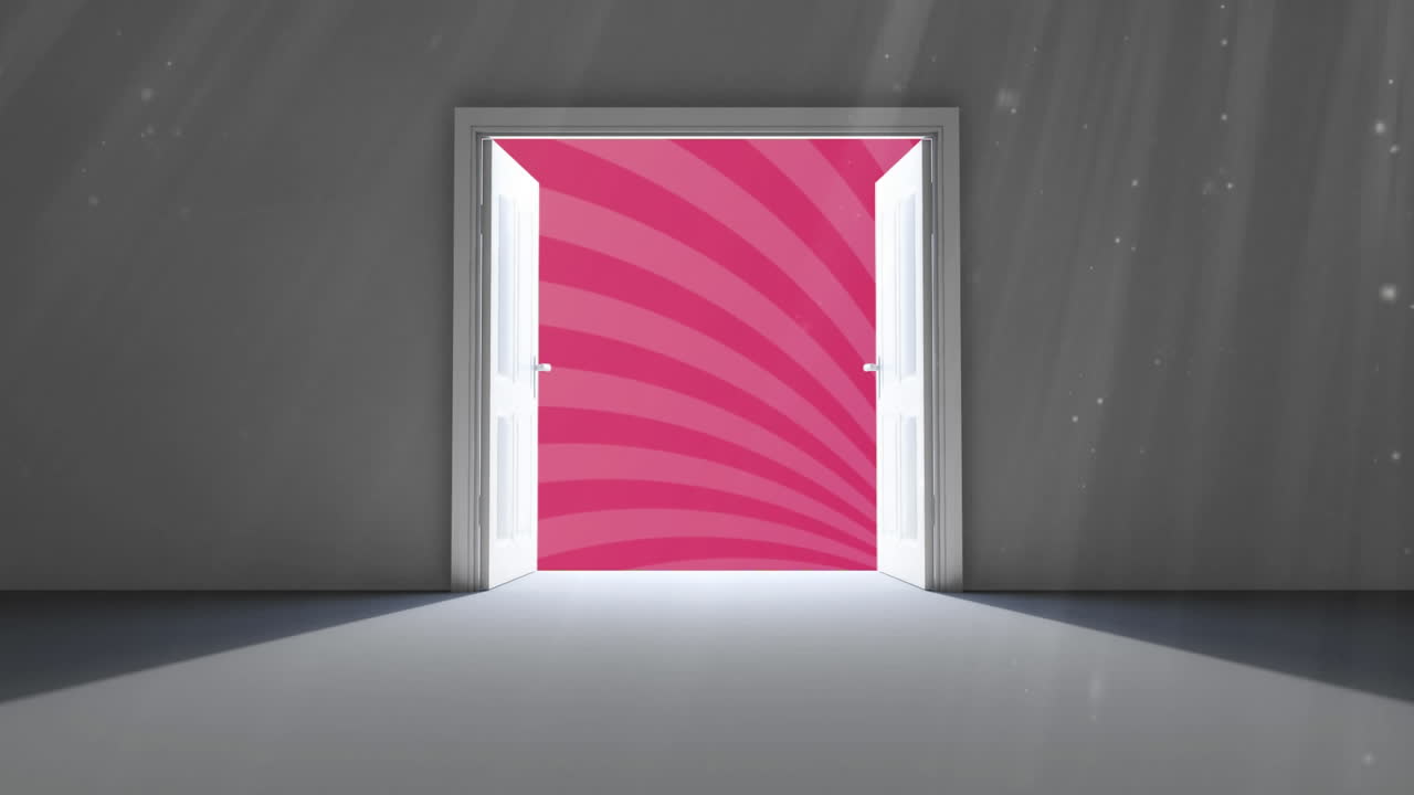animación de una puerta que revela rayas rosadas giratorias que se mueven en un bucle sin costuras