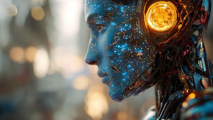 Esplorando la fusione tra tecnologia e arte: primo piano di una testa di robot futuristica con un motivo cosmico scintillante su uno sfondo sfocato