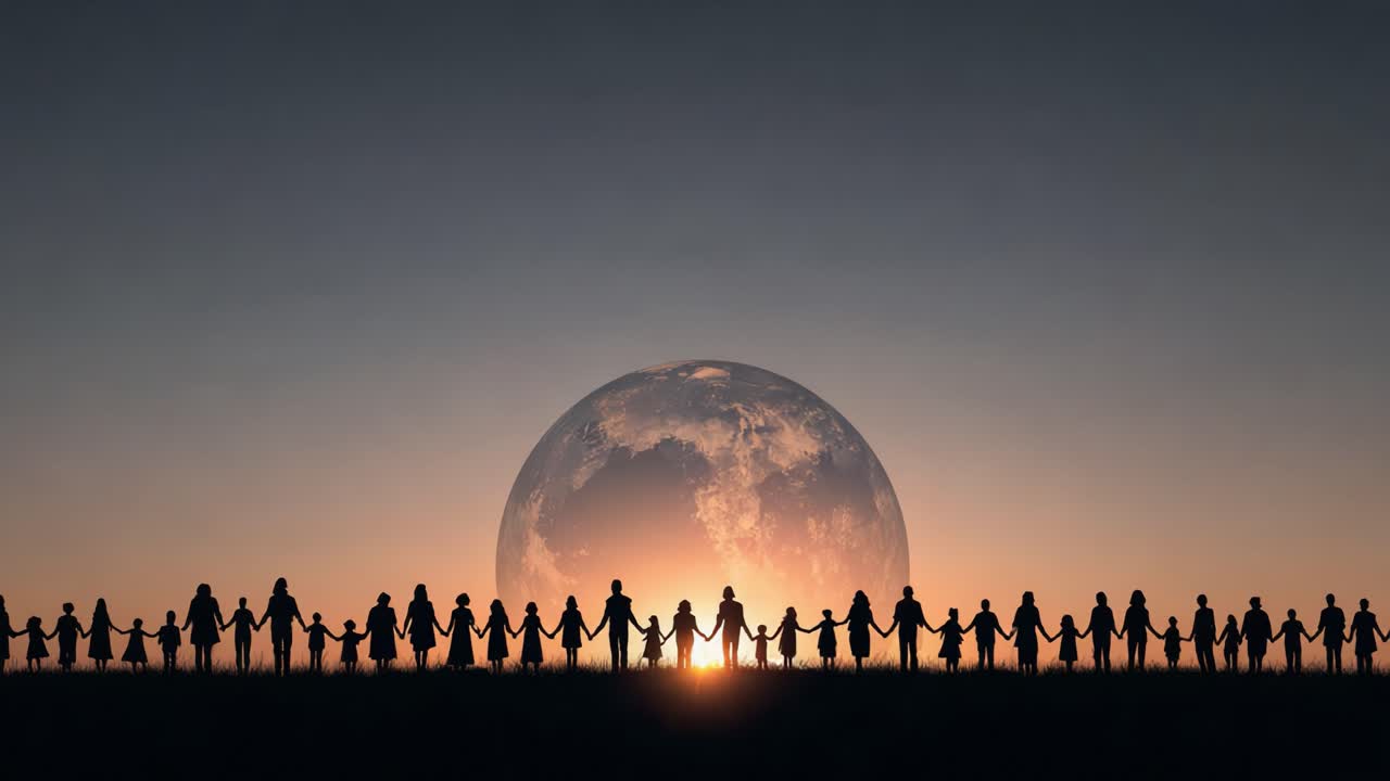 A Diverse Unity: A Group of People Holding Hands at Sunset, Symbolizing Connection and Togetherness Against a Stunning Celestial Background